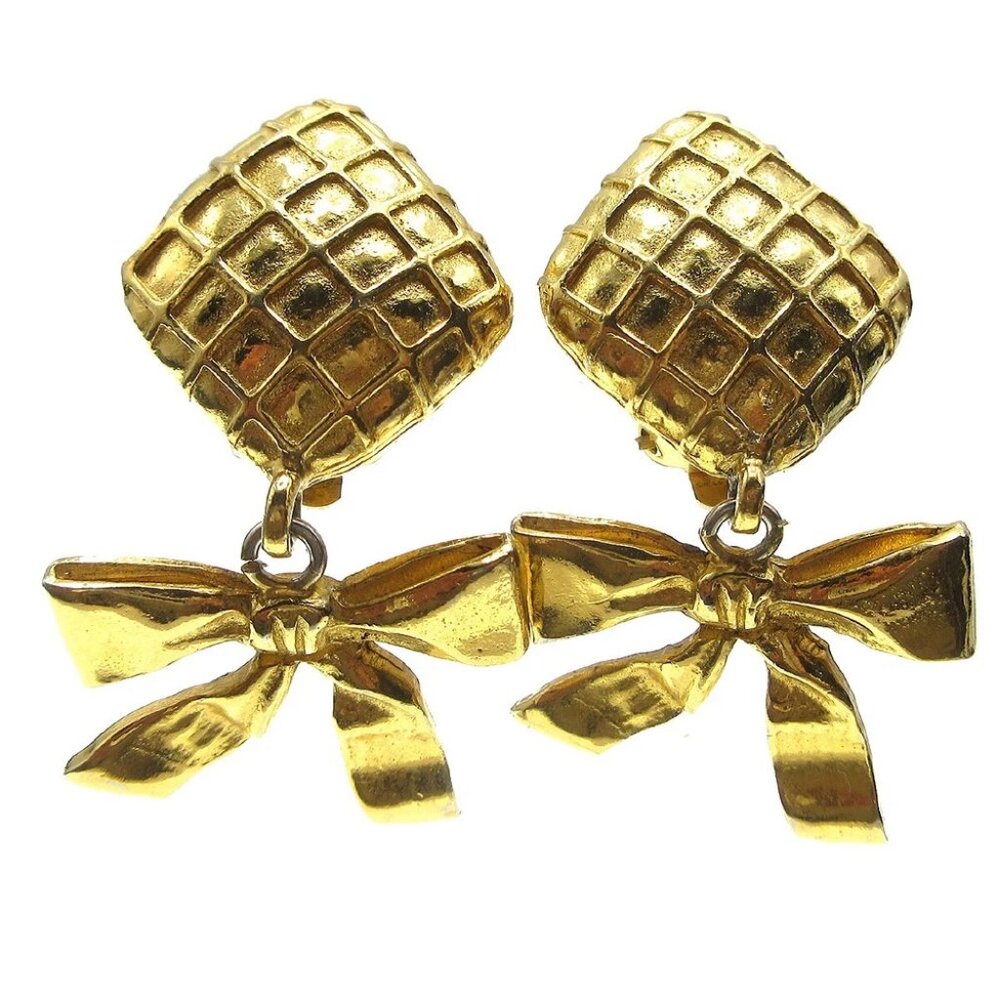 Chanel Quilted Bow Dangle Earrings Clip-On Gold